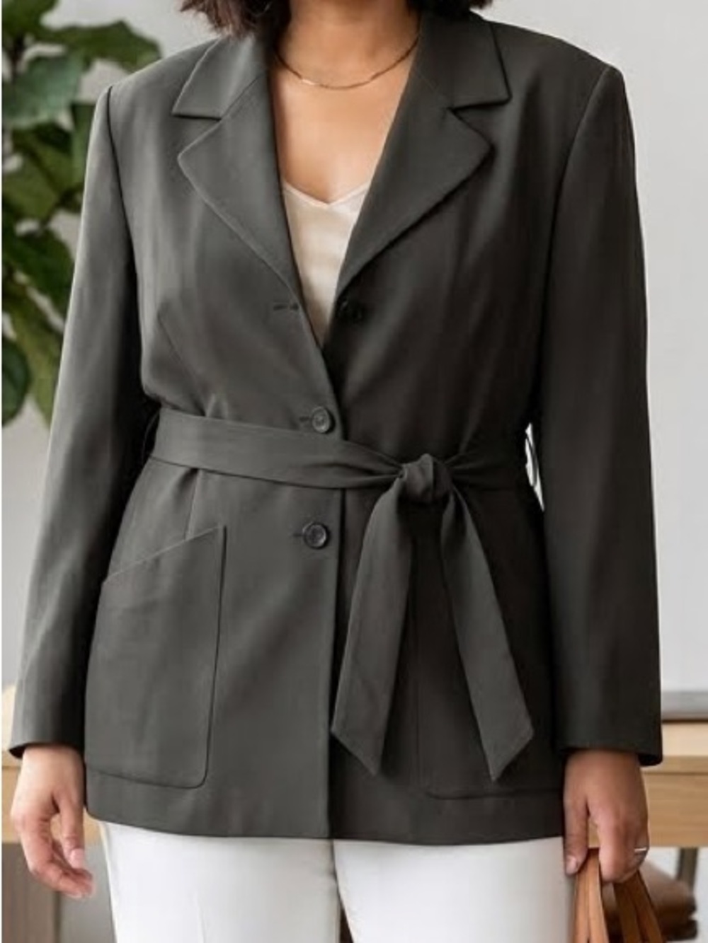 Ann Taylor Vintage Wool Rayon Belted Blazer Charcoal Gray Soft Office Classic 14
